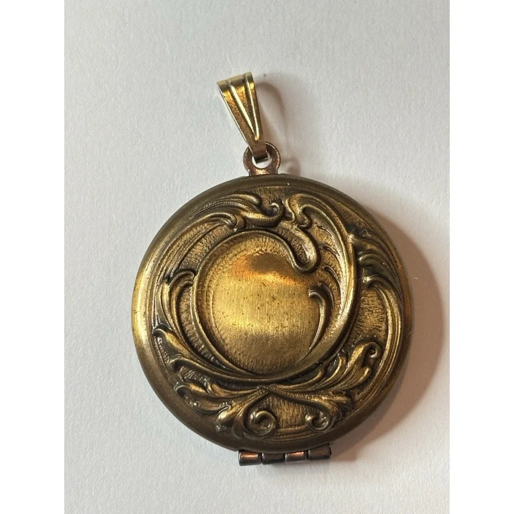 Vintage Brass Tone Round Photo Locket Pendant Victorian Revival Scroll Floral